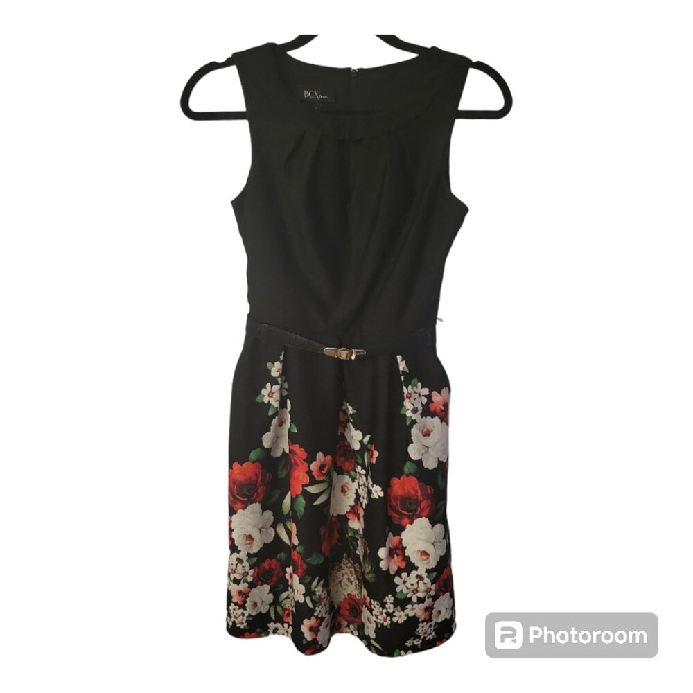 BCX Floral Belted Keyhole Dress